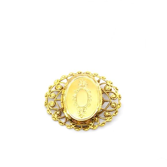 Elegant Engraved Locket Brooch, Gold Tone Vintage Filigree Lapel Pin with Oval - Picture 1 of 4